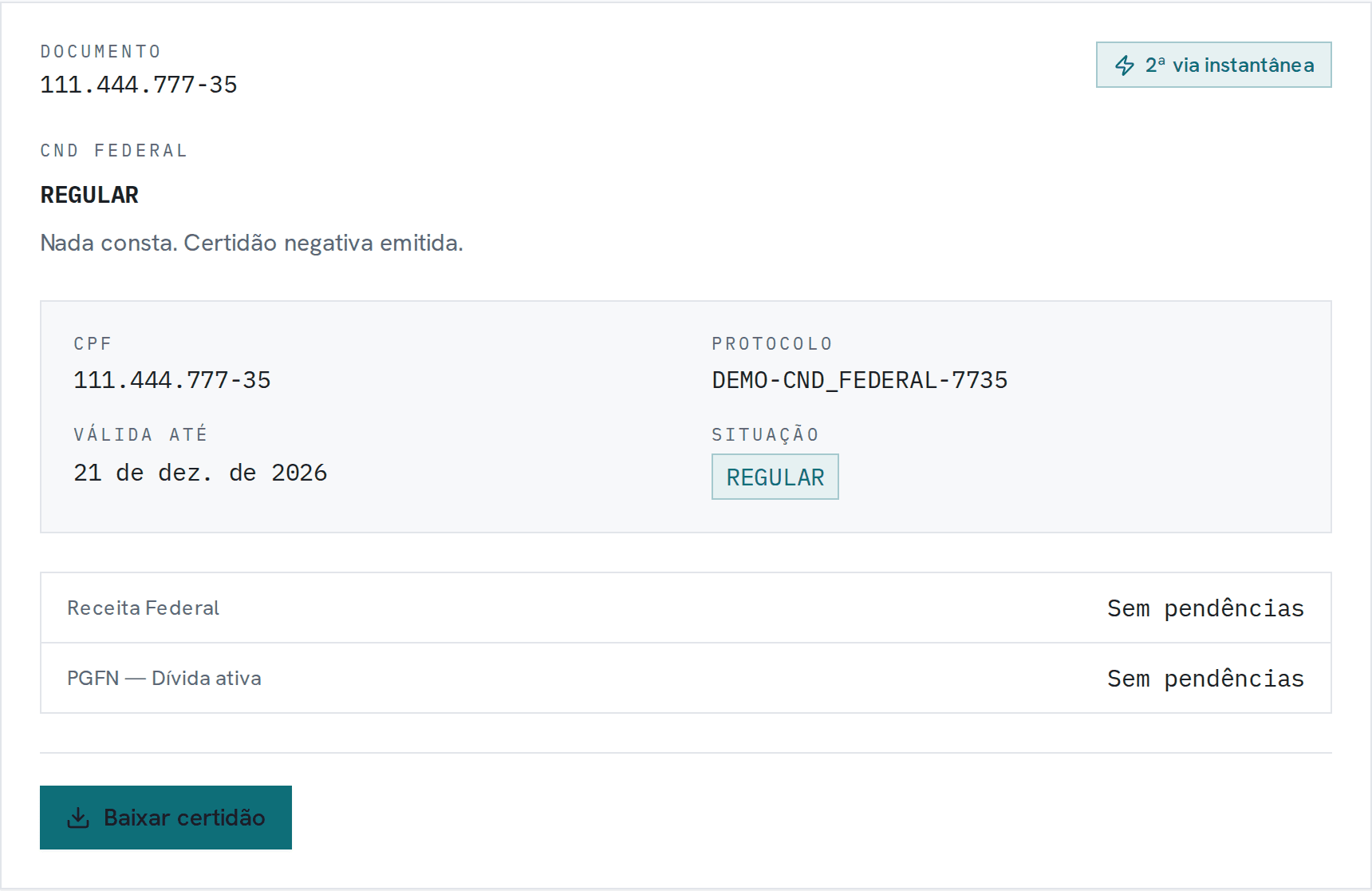 Tela de resultado do Crivio: CND federal regular, com protocolo e veredito em mono